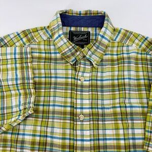 Woolrich Men's Large Short Sleeve Button Down Plaid Shirt Green Blue 100% Cotton
